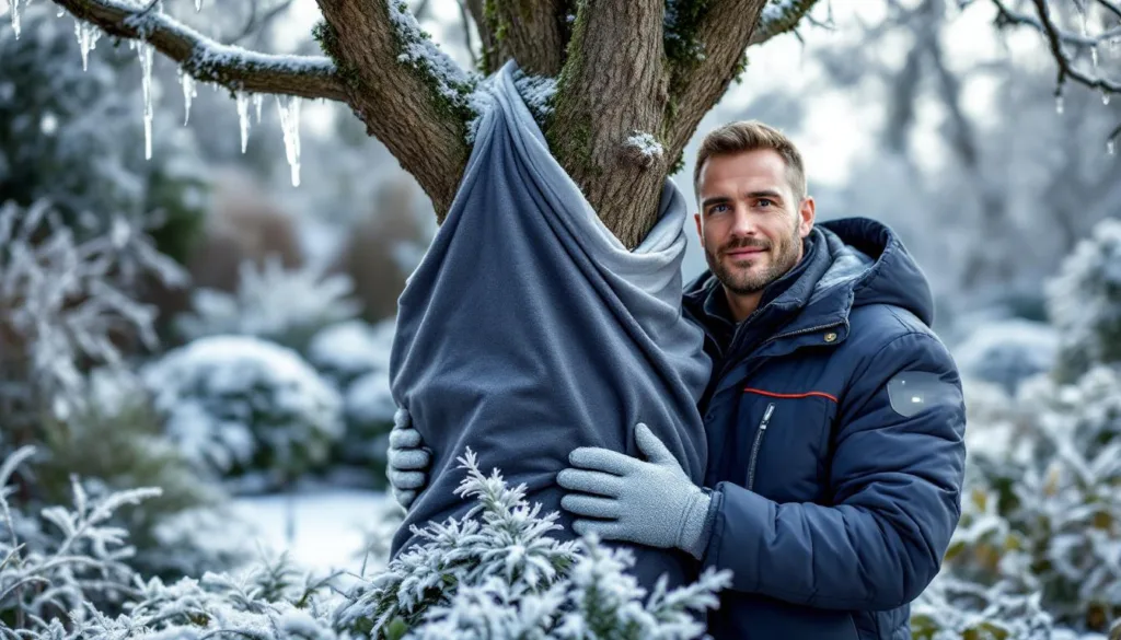 un giardiniere esperto presenta la giacca intelligente progettata per proteggere gli alberi dal gelo, garantendo cura e sicurezza durante l'inverno.